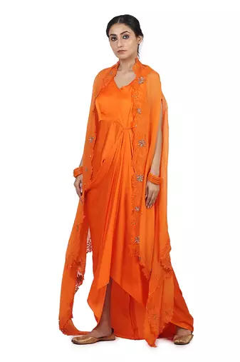 Orange Harnoor:Draped Dress With Cape