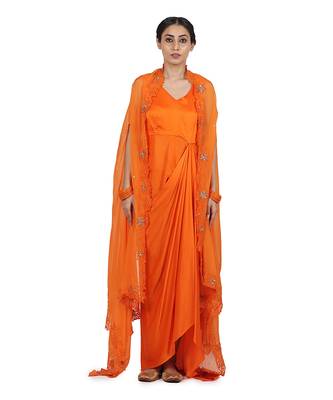 Orange Harnoor:Draped Dress With Cape 5