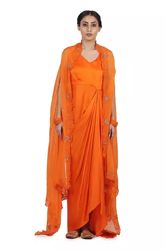 Orange Harnoor:Draped Dress With Cape