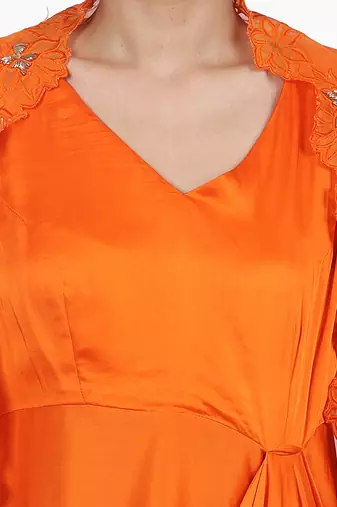 Orange Harnoor:Draped Dress With Cape