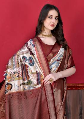 White and Red Kalamkari Printed Saree 3