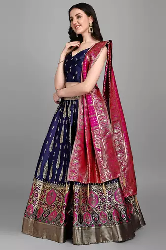Navy blue Color Woven Jacquard Lehenga Choli