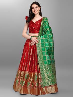 Red Color Woven Jacquard Lehenga Choli 1