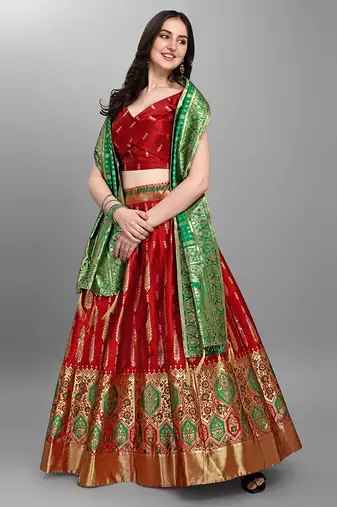 Red Color Woven Jacquard Lehenga Choli