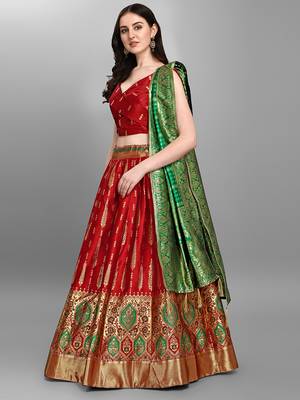 Red Color Woven Jacquard Lehenga Choli 3