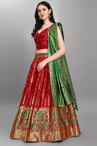 Red Color Woven Jacquard Lehenga Choli