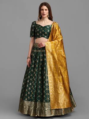 Dark Green Color Woven Jacquard Lehenga Choli 1