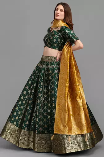 Dark Green Color Woven Jacquard Lehenga Choli
