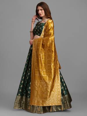 Dark Green Color Woven Jacquard Lehenga Choli 3