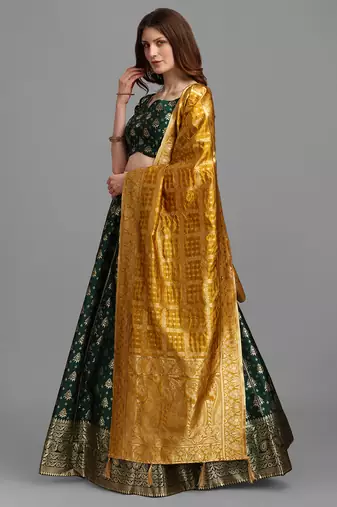 Dark Green Color Woven Jacquard Lehenga Choli