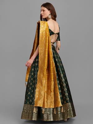 Dark Green Color Woven Jacquard Lehenga Choli 4
