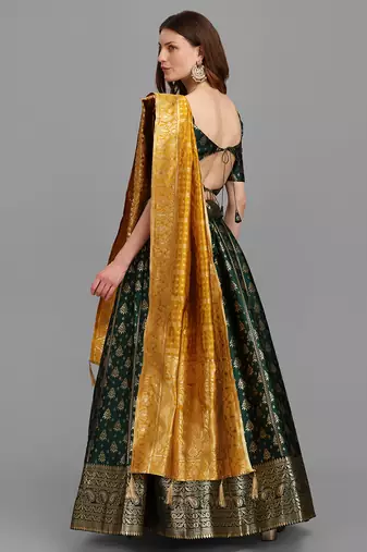 Dark Green Color Woven Jacquard Lehenga Choli