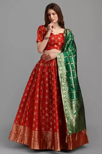 Red Color Woven Jacquard Lehenga Choli