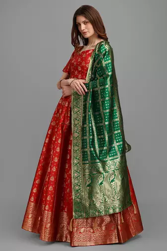 Red Color Woven Jacquard Lehenga Choli