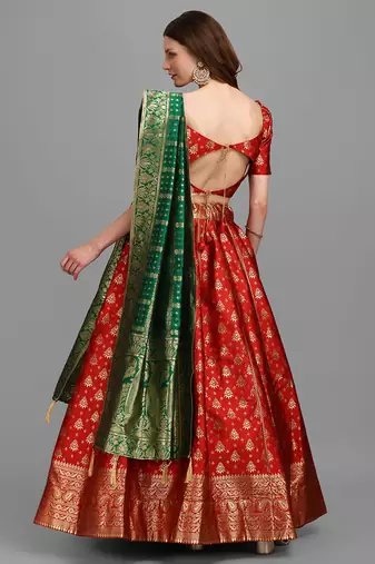 Red Color Woven Jacquard Lehenga Choli