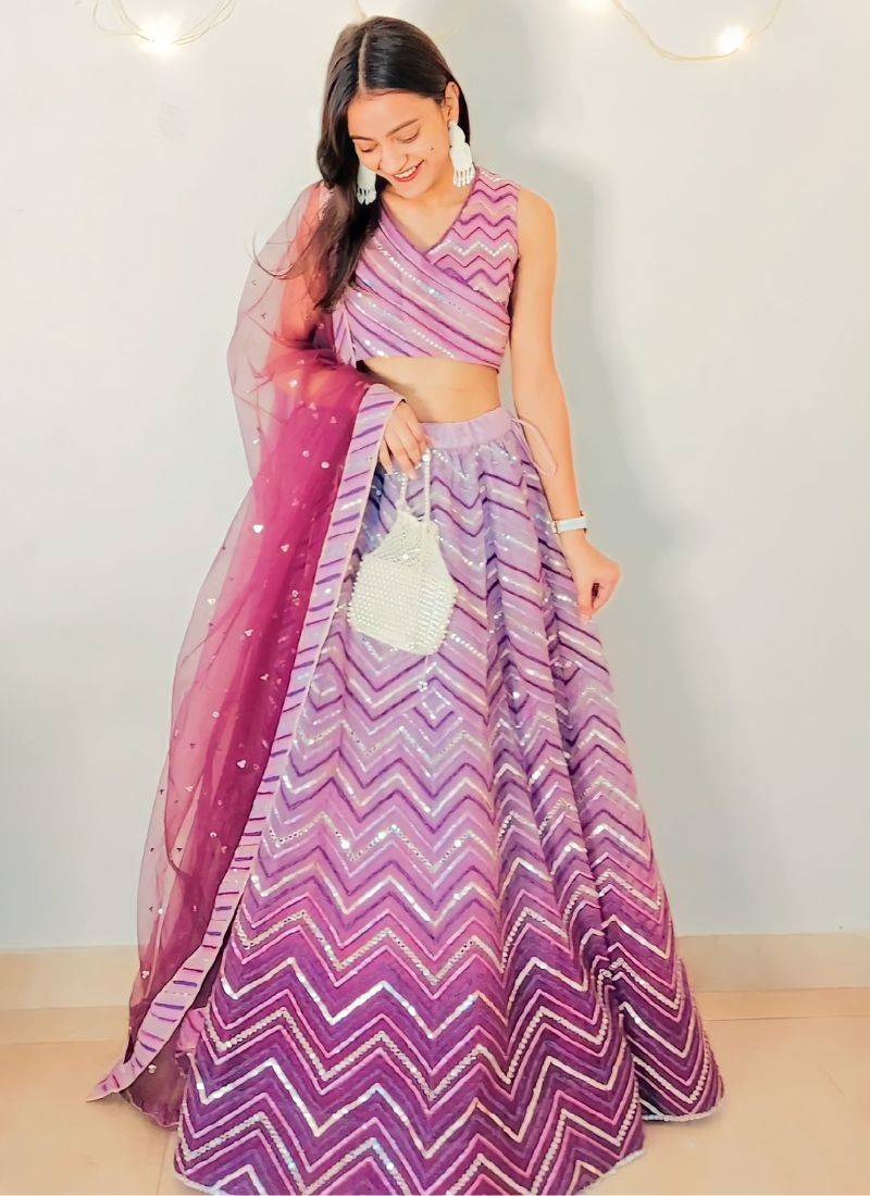 Panchhi Women Lavender Net Zig-Zag Embroideried Semi-Stitched Lehenga, Unstitched Blouse & Dupatta