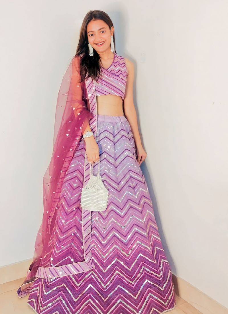 Panchhi Women Lavender Net Zig-Zag Embroideried Semi-Stitched Lehenga, Unstitched Blouse & Dupatta