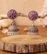 Silver finish pink beaded jhumka earrings