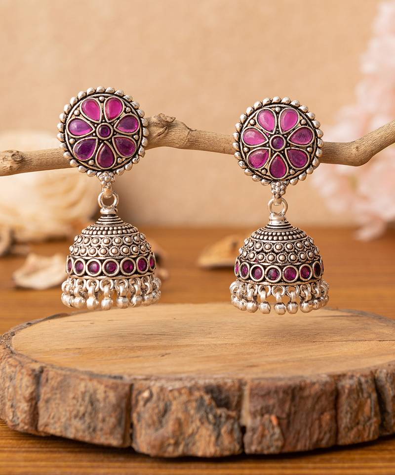 Silver finish pink beaded jhumka earrings