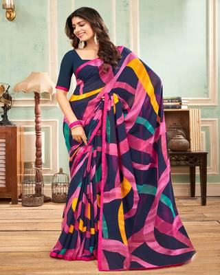Multicolor Georgette Printed Saree With Fancy Lace Border And Fancy Printed Blouse Piece_RKNIVS45724 1