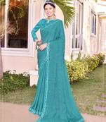 Turquoise Color Georgette Printed Saree With Border And Blouse Piece