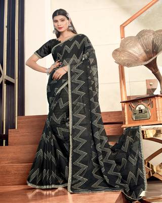 Black Color Georgette Saree With Border And Blouse Piece 1