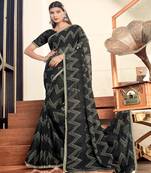 Black Color Georgette Saree With Border And Blouse Piece