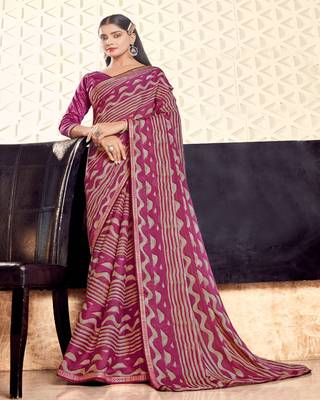 Pink Color Georgette Saree With Border And Blouse Piece 1