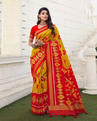 Multicolor Patola Digital Print Silk With Border Tassal Pallu And Fancy Woven Blouse Piece 1