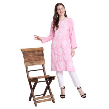Women rayon Pink chikankari kurti and Pant 1