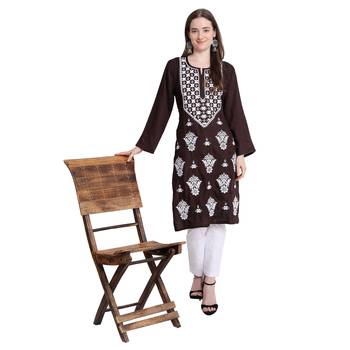 Women rayon Brown chikankari kurti and Pant 1