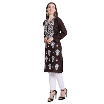 Women rayon Brown chikankari kurti and Pant 4