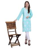 Women rayon Aqua Blue chikankari kurti and Pant