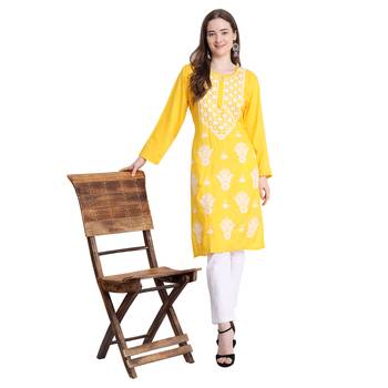 Women rayon Yellow chikankari kurti and Pant 1
