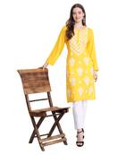 Women rayon Yellow chikankari kurti and Pant