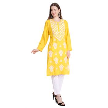 Women rayon Yellow chikankari kurti and Pant 3
