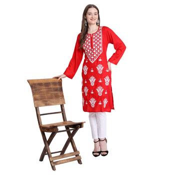 Women rayon Red chikankari kurti and Pant 1