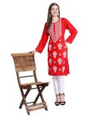 Women rayon Red chikankari kurti and Pant