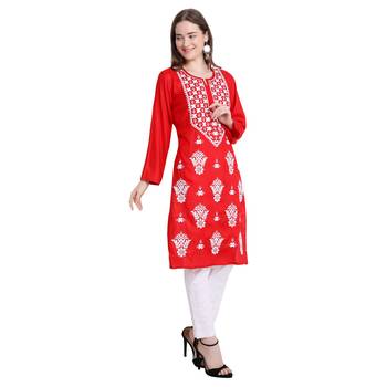 Women rayon Red chikankari kurti and Pant 3