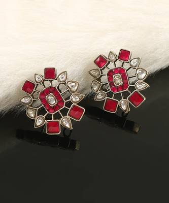 Silver pink & white kundan ear studs 1