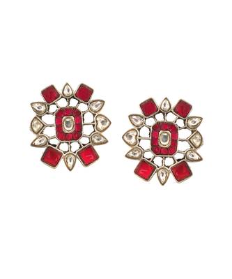 Silver pink & white kundan ear studs 2