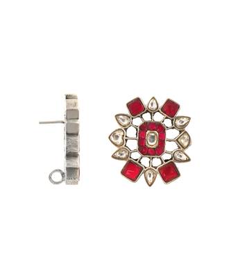 Silver pink & white kundan ear studs 3