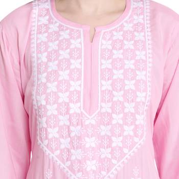 Women rayon Pink chikankari kurti and Pant 4