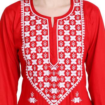 Women rayon Red chikankari kurti and Pant 4