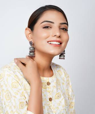 Silver oxidized floral ruby statement jhumki 1