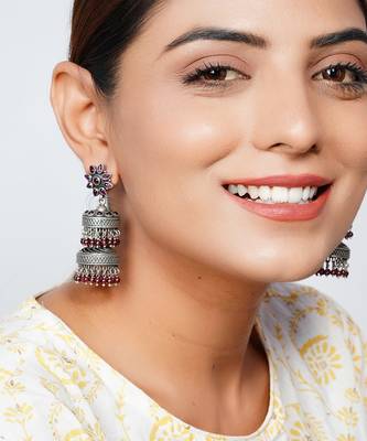 Silver oxidized floral ruby statement jhumki 2