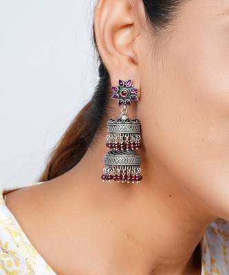 Silver oxidized floral ruby statement jhumki 3