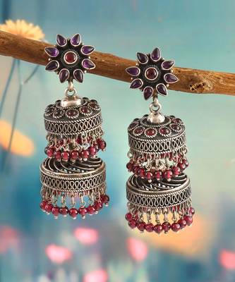 Silver oxidized floral ruby statement jhumki 4