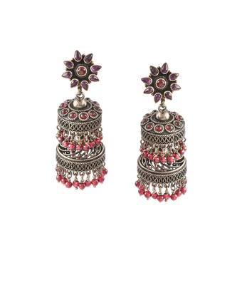 Silver oxidized floral ruby statement jhumki 5