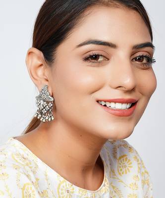 Silver oxidized floral stud ghungroo earrings 1